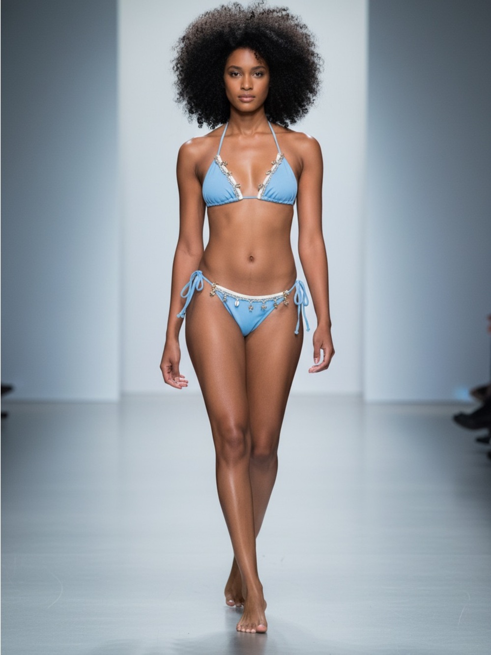 Light Blue Triangle Tie-Side Bikini with Shell Trim